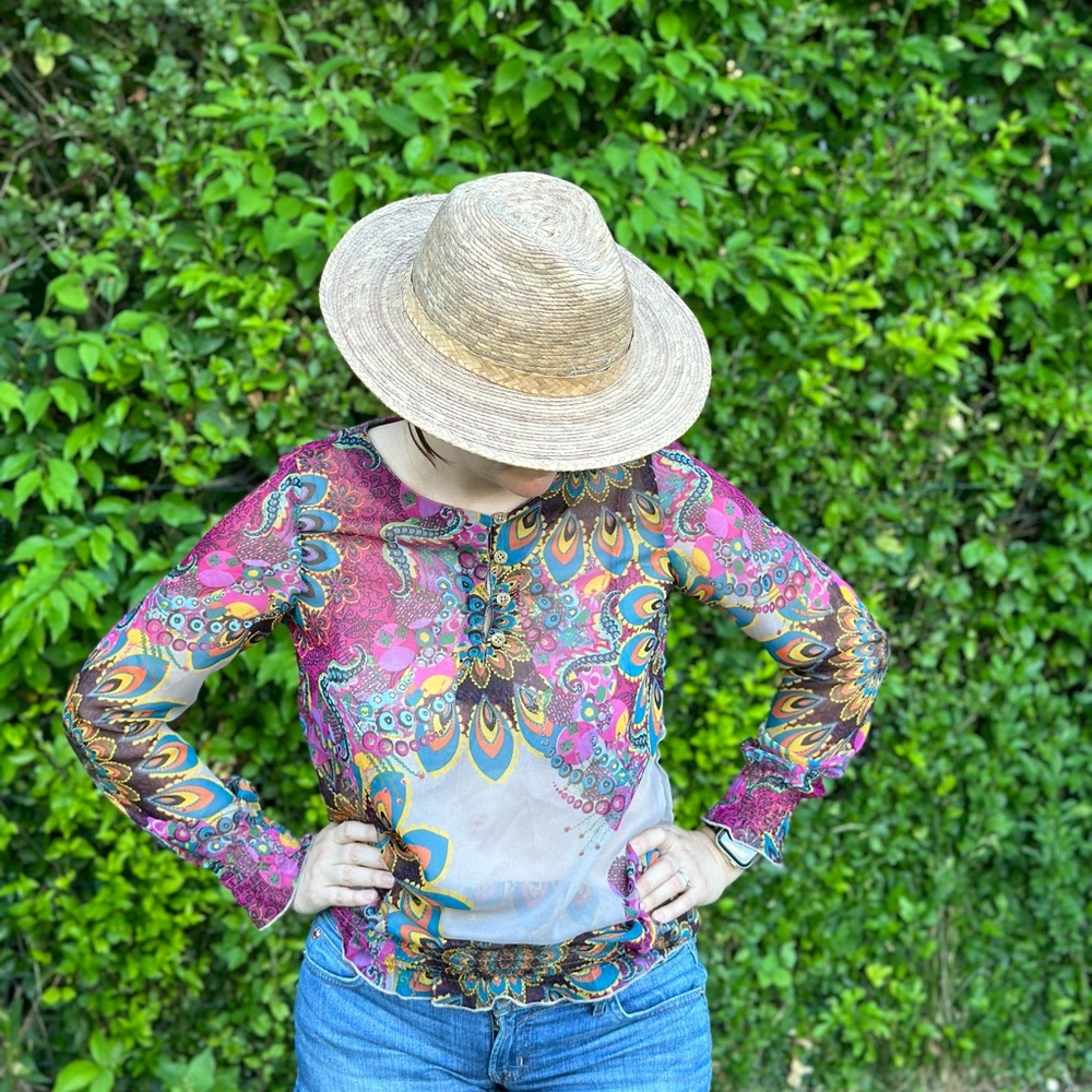 Desigual Semi Sheer Blouse Size Large Abstract Floral Boho Print Long Sleeve Y2K